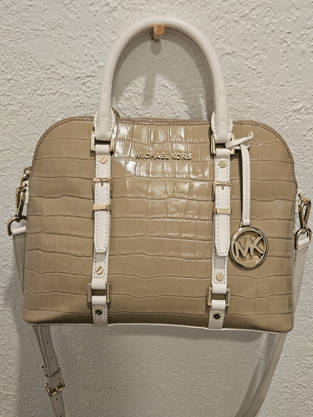 Michael Kors Crocodile-Embossed Satchel in Tan & White